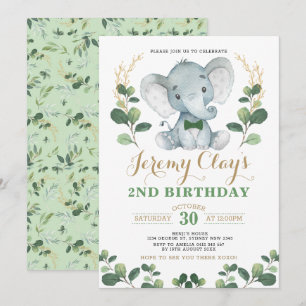 Green Gold Oerwoud Baby Elephant 2e Verjaardag Kaart
