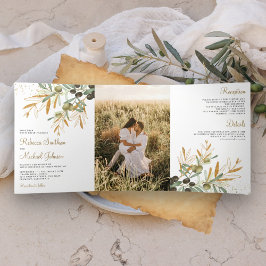 Green Gold Olive Leaves Branch Photo Wedding Drieluik Uitnodiging