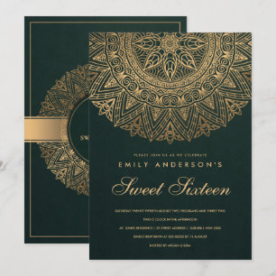 GREEN GOLD ORNATE MANDALA SWEET SIXTEEN BIRTHDAY KAART