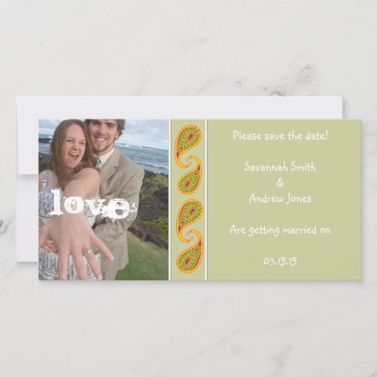 Green & Gold Paisley Save the Date Your Photo (Voorkant)