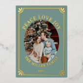 Green & Gold Peace Love Joy Oval Photo Christmas Folie Feestdagenkaart (Voorkant)
