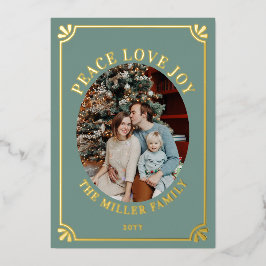 Green & Gold Peace Love Joy Oval Photo Christmas Folie Feestdagenkaart