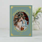 Green & Gold Peace Love Joy Oval Photo Christmas Folie Feestdagenkaart (Staand Voorkant)
