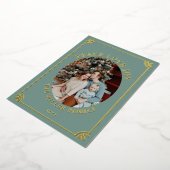 Green & Gold Peace Love Joy Oval Photo Christmas Folie Feestdagenkaart (Gedraaid)