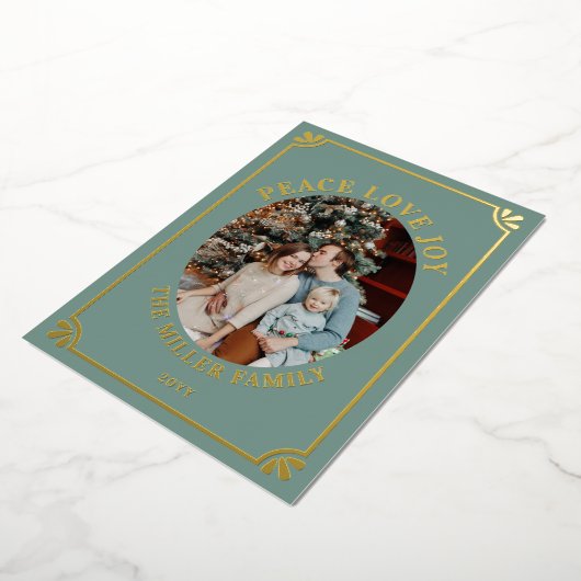 Green & Gold Peace Love Joy Oval Photo Christmas Folie Feestdagenkaart (Gedraaid)