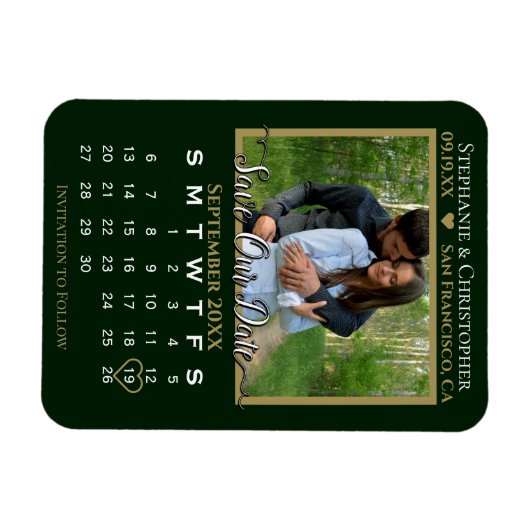 Green & Gold Photo Calendar Save Our Date Wedding Magneet (Horizontaal)