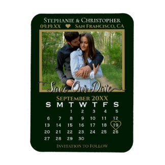 Green & Gold Photo Calendar Save Our Date Wedding Magneet