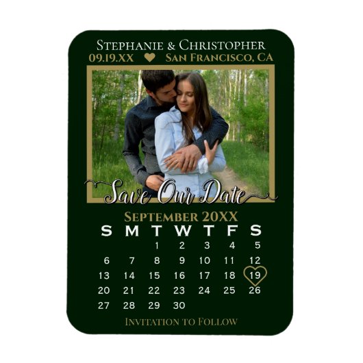 Green & Gold Photo Calendar Save Our Date Wedding Magneet (Verticaal)