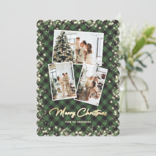 Green Gold Plaid Fotocollage Vrolijk Kerstfeest Feestdagenkaart (Staand voorkant)