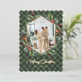 Green Gold Plaid Holly Foto Vrolijke Kerst Kaart (Staand voorkant)