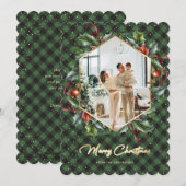 Green Gold Plaid Holly Foto Vrolijke Kerst Kaart (Voorkant / Achterkant)