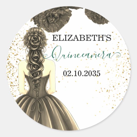 Green & Gold Quinceañera Custom Round Sticker (Voorkant)