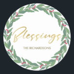 GREEN GOLD RED BERRIES CHRISTMAS WREATH BLESSINGS RONDE STICKER<br><div class="desc">UNIEK,  MODERN,  CONTEMPORAIR,  TRENDY,  MINIMAL,  BOLD,  BRIGHT,  FUN,  CHEERFUL-assortiment producten en gecoördineerde collecties. 
Hopelijk geniet u van...  

Neem contact met mij op via yellowfebstudio@gmail.com voor meer aanpassingen of andere overeenkomende objecten.</div>