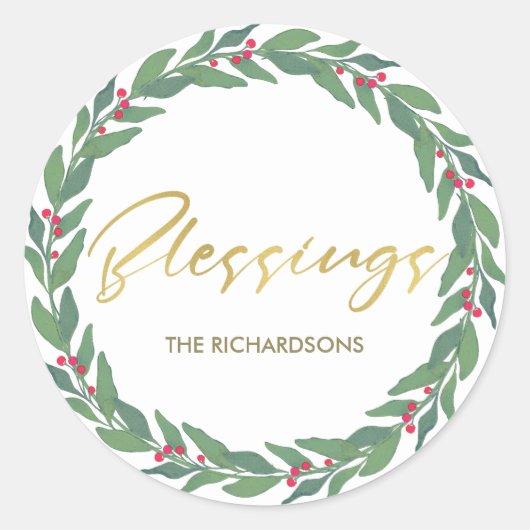 GREEN GOLD RED BERRIES CHRISTMAS WREATH BLESSINGS RONDE STICKER (Voorkant)