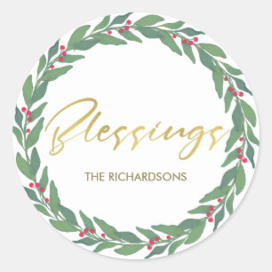 GREEN GOLD RED BERRIES CHRISTMAS WREATH BLESSINGS RONDE STICKER