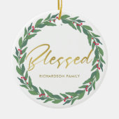 GREEN GOLD RED BERRIES WREATH CHRISTMAS BLESSED KERAMISCH ORNAMENT (Voorkant)