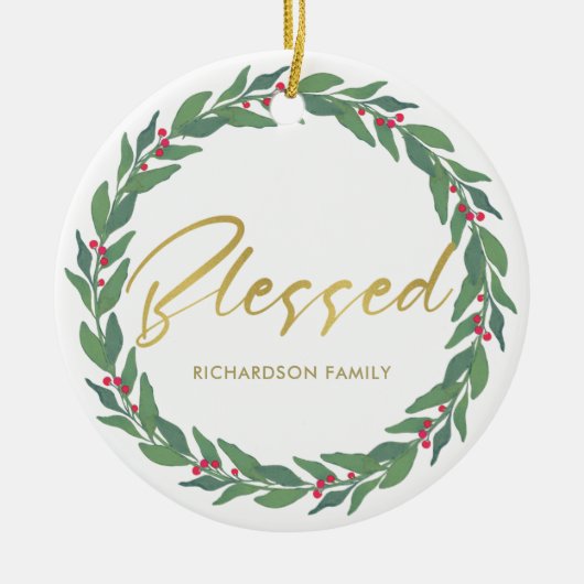 GREEN GOLD RED BERRIES WREATH CHRISTMAS BLESSED KERAMISCH ORNAMENT (Voorkant)