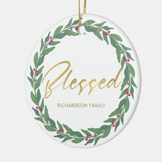 GREEN GOLD RED BERRIES WREATH CHRISTMAS BLESSED KERAMISCH ORNAMENT (Links)