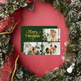 Green & Gold Retro Christmas Family Photo Collage Folie Feestdagenkaart