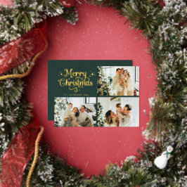 Green & Gold Retro Christmas Family Photo Collage Folie Feestdagenkaart