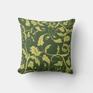 Green Gold Retro Pattern Leaf Swirl Kussen