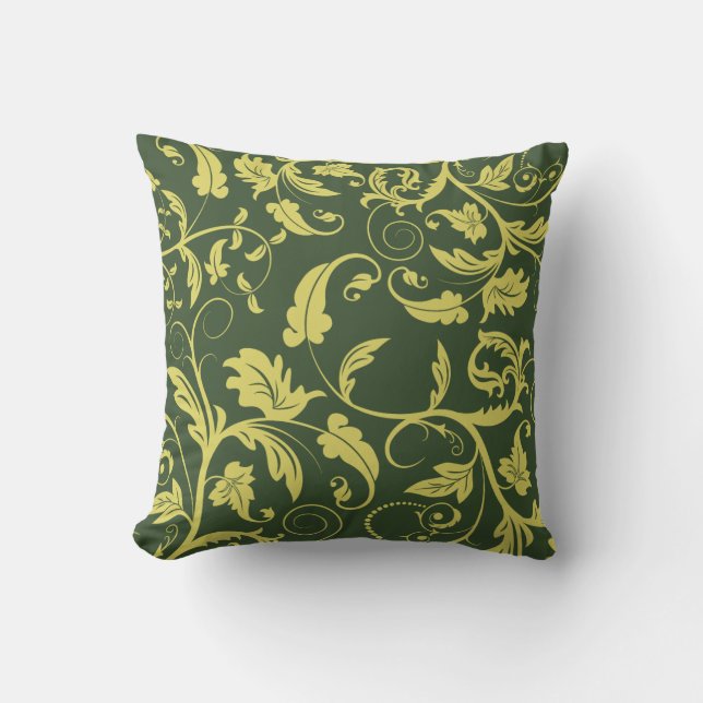 Green Gold Retro Pattern Leaf Swirl Kussen (Voorkant)