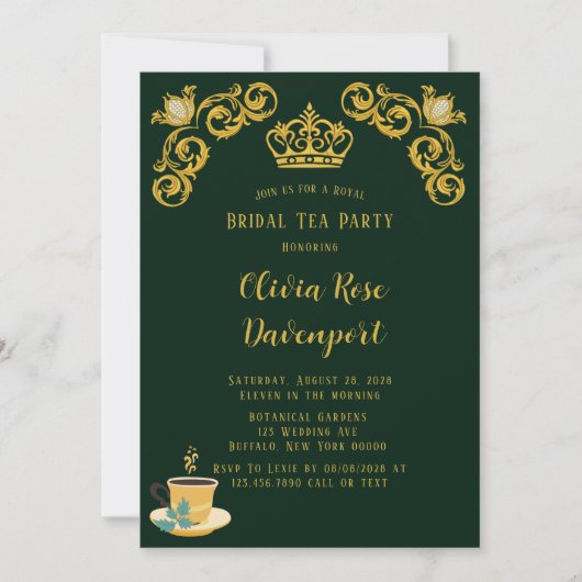 Green & Gold Royal Crown Damask Bridal Tea Party Kaart (Voorkant)