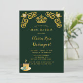 Green & Gold Royal Crown Damask Bridal Tea Party Kaart (Staand voorkant)