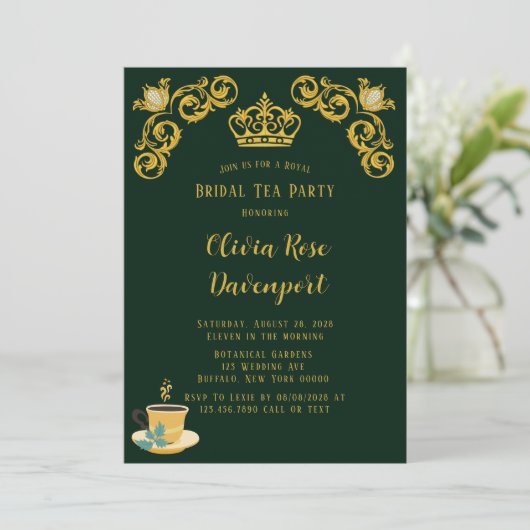 Green & Gold Royal Crown Damask Bridal Tea Party Kaart (Staand voorkant)