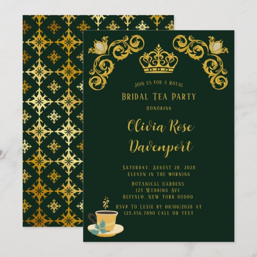 Green & Gold Royal Crown Damask Bridal Tea Party Kaart (Voorkant / Achterkant)