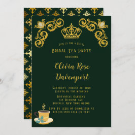Green & Gold Royal Crown Damask Bridal Tea Party Kaart