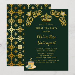 Green & Gold Royal Crown Damask Bridal Tea Party Kaart
