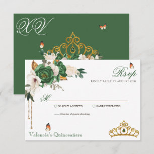 Green Gold Rozen Elegant Gold Tiara Quinceanera RSVP Kaartje