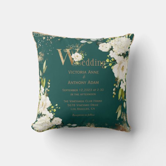 Green Gold Rustic Floral Wedding Keepslag Kussen (Voorkant)