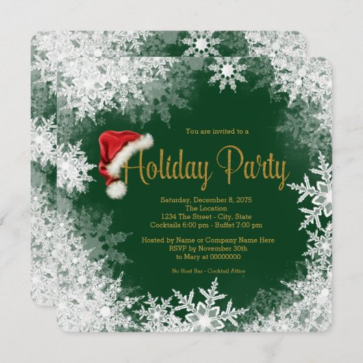 Green Gold Santa Hat Snowflake Holiday Party Kaart (Voorkant / Achterkant)
