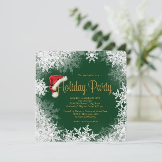 Green Gold Santa Hat Snowflake Holiday Party Kaart (Staand voorkant)