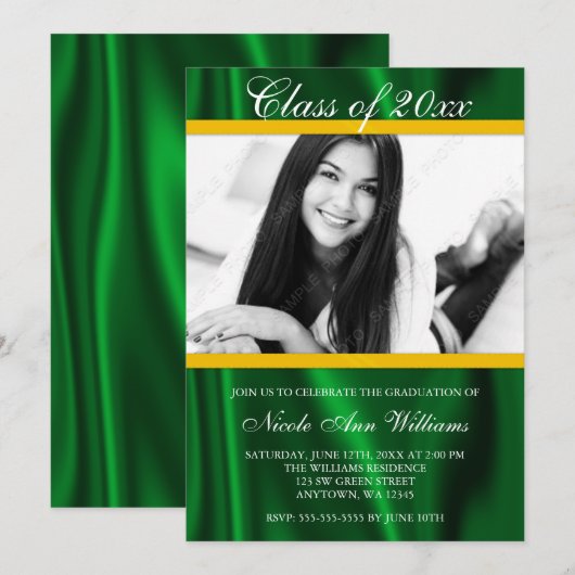 Green Gold Satin Foto Afstuderen Aankondiging (Voorkant / Achterkant)