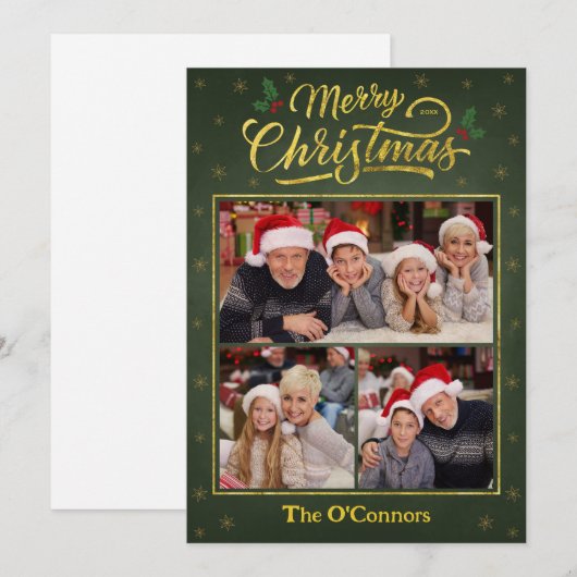 Green & Gold Script Merry Christmas Collage Card Feestdagenkaart (Voorkant / Achterkant)