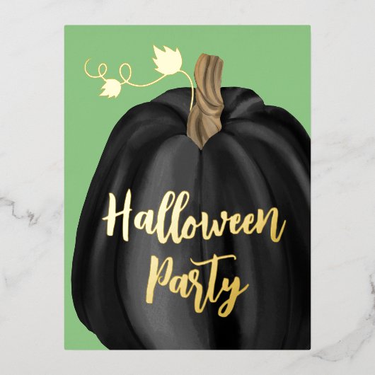 Green Gold Script Pumpkin Halloween Party Folie Uitnodiging Briefkaart (Voorkant)