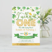 Green Gold Shamrock Lucky One Birthday Party Kaart (Staand voorkant)