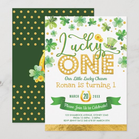 Green Gold Shamrock Lucky One Birthday Party Kaart (Voorkant / Achterkant)