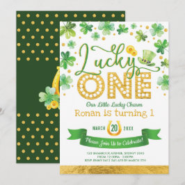 Green Gold Shamrock Lucky One Birthday Party Kaart