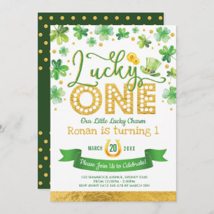 Green Gold Shamrock Lucky One Birthday Party Kaart