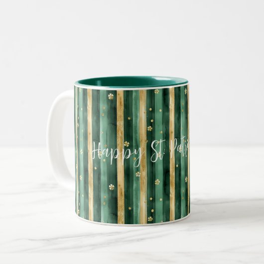 Green Gold Shamrock St. Patrick's Day Stripes Tweekleurige Koffiemok (Voorkant links)