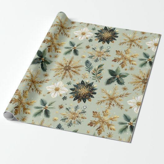 Green Gold Snowflake Holiday Luxe Modern Cadeaupapier (Uitgerold)