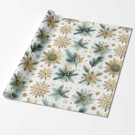 Green Gold Snowflake Holiday Luxe Waterverf Cadeaupapier (Uitgerold)