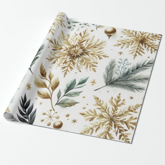 Green Gold Snowflake Holiday Luxe Waterverf Cadeaupapier (Uitgerold)