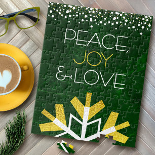 Green Gold Snowflake Peace Joy Love Quote Modern Legpuzzel