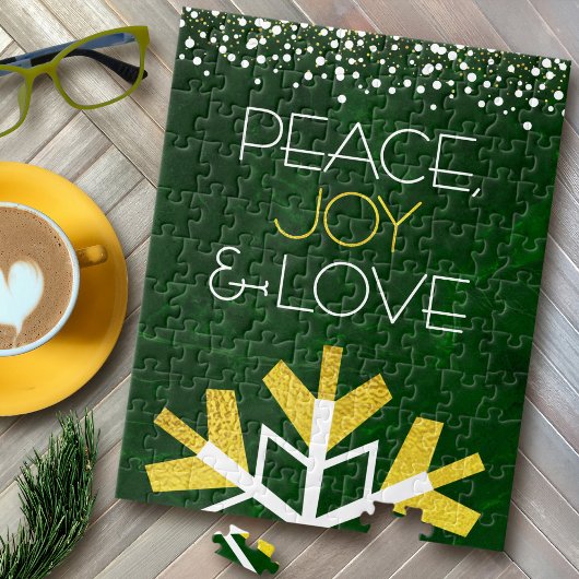 Green Gold Snowflake Peace Joy Love Quote Modern Legpuzzel