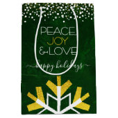 Green Gold Snowflake Peace Joy Love Typography Medium Cadeauzakje (Voorkant)
